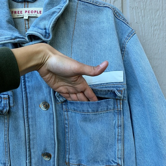 Free People oversized raw, flared hem denim jean jacket, adjustable cinch waist - Picture 7 of 16